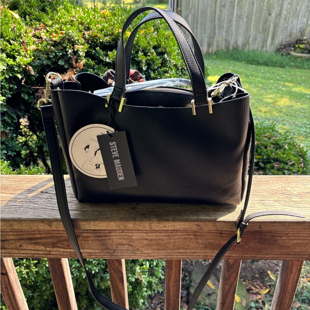 Steve Madden Black Satchel/Crossbody/Shoulder Bag with Floral Accent NWT - Picture 2 of 8